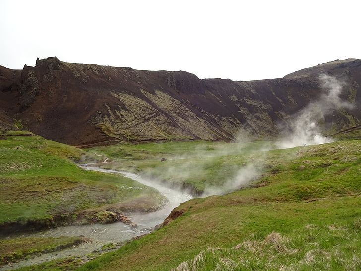 Islandia, Hot springs, pegunungan, musim semi, panas, pemandangan, Gunung berapi