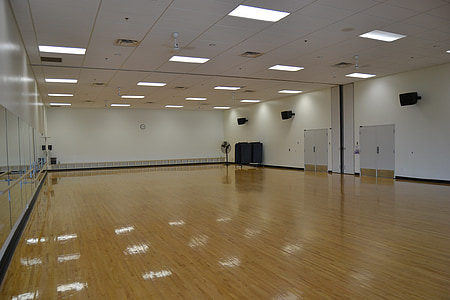 Pusat Kebugaran, gedung olahraga, Studio, studio tari, di dalam ruangan, lantai, kosong
