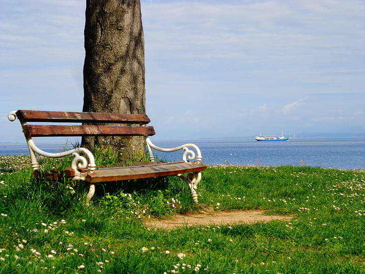 bench, sea, prato, solitude, sky, sitting, wooden seat