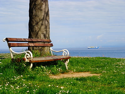 ベンチ, 海, プラート, 孤独, 空, 座っています。, 木製シート