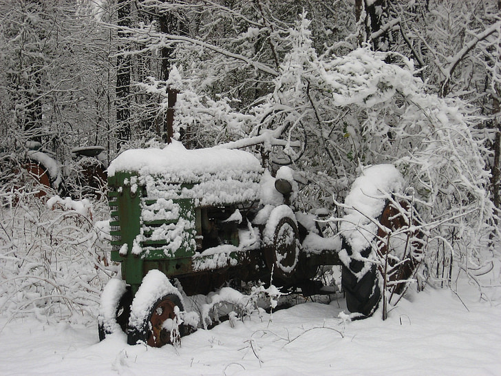 tractor, vintage, farm equipment, snow, ice, winter