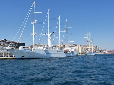 Turkki, Bosphorus, puolella, purjehdus, aluksen, valkoinen, masto