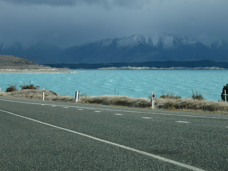 езеро, синьо, улица, Нова Зеландия, планини, вода, планински