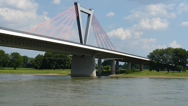 κτίριο, γέφυρα, Ντίσελντορφ, Ποταμός, γέφυρα χάλυβα, σύννεφα, κρεμαστή γέφυρα