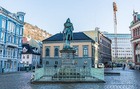 Bergen, Noruega, estátua, cidade, Europa, Escandinávia, arquitetura