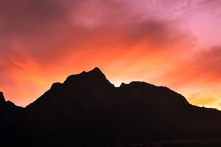 siluets, foto, kalns, saulriets, debesis, rozā, apelsīnu kalni