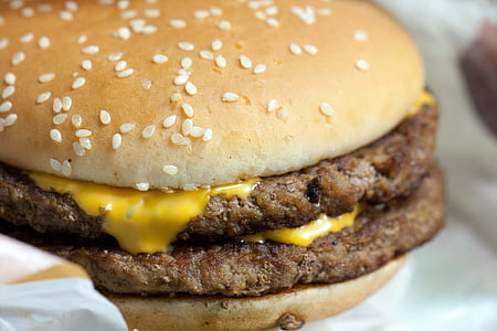cheeseburger, hamburger, ost, amerikanske, sesamfrø, bun, rask