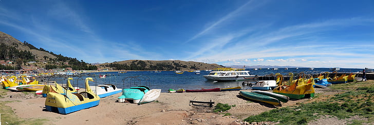 Copacabana, het Titicacameer, peddel, boot, reizen, Titicacameer, Lake