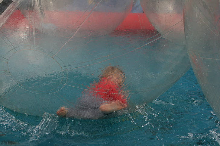 water polo, child, pool, water, giant water ball, blue, ball