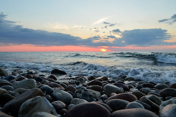 камъни, море, залез, плаж, вода, камъчета, камъче