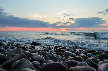 kamenje, more, zalazak sunca, plaža, vode, šljunak, šljunčana