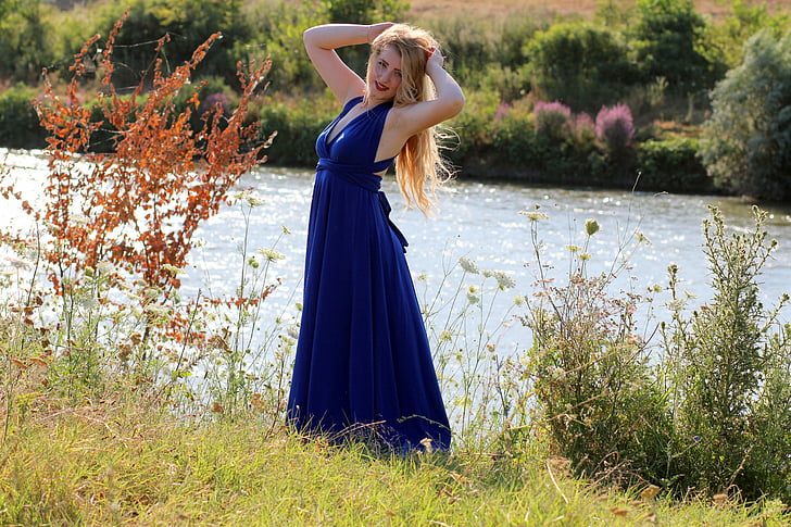 dievča, šaty, modrá, jazero, vody, krása