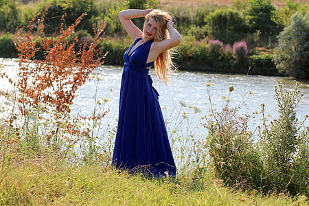 Дівчина, плаття, синій, озеро, води, Краса