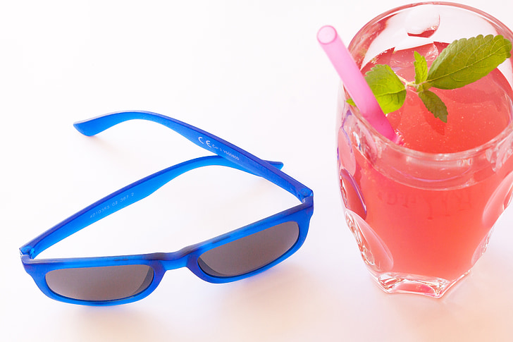 summer, refreshment, sunglasses, drink, ice cubes, drinking straw, lemon balm