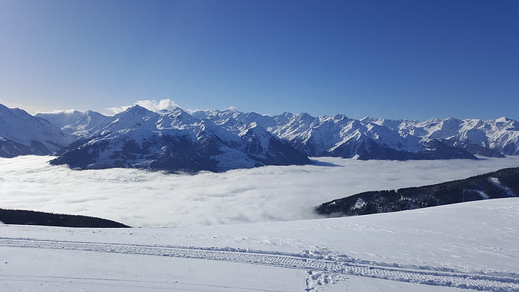 Ski, snowboard, Alpok, Ausztria, hó, kék ég, napos