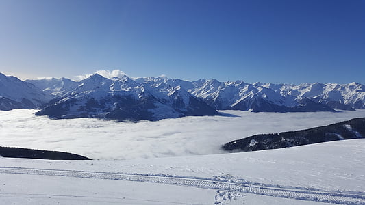 Лыжный, Сноуборд, Альпы, Австрия, снег, Голубое небо, Солнечный
