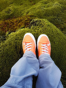 溶岩のフィールド, モス フィールド, アイスランド, リラックス, オレンジ, 靴, 緑の苔