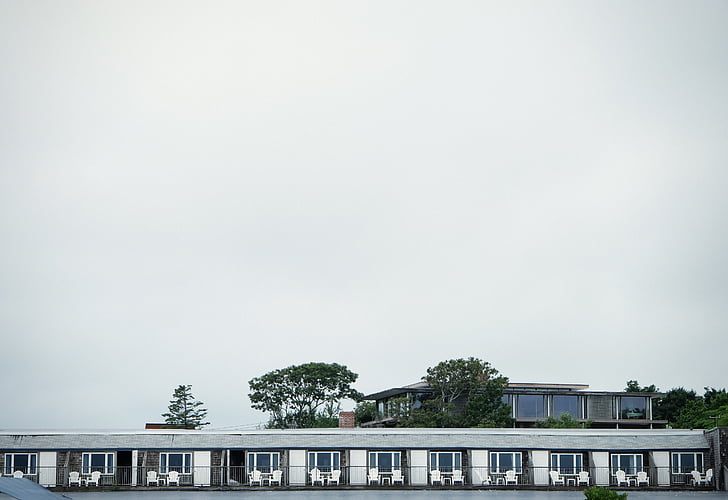 panoramatické, Fotografie, budova, uprostřed, stromy, pláž, obloha