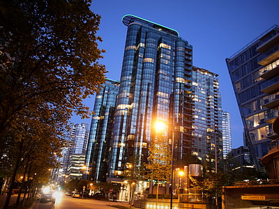 Vancouver, natt, British columbia, staden, lägenhetshotell, byggnad, stadsbild