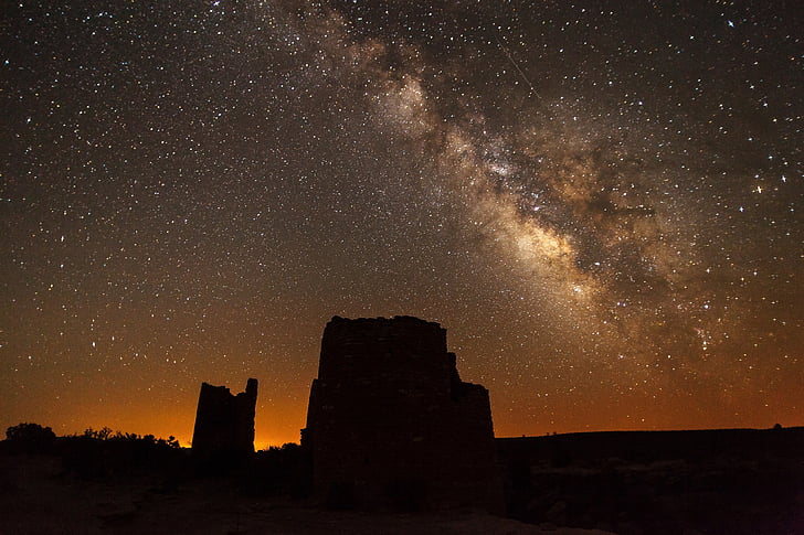 Melkweg, rotsen, nacht, landschap, vierkante toren, Utah, hemel