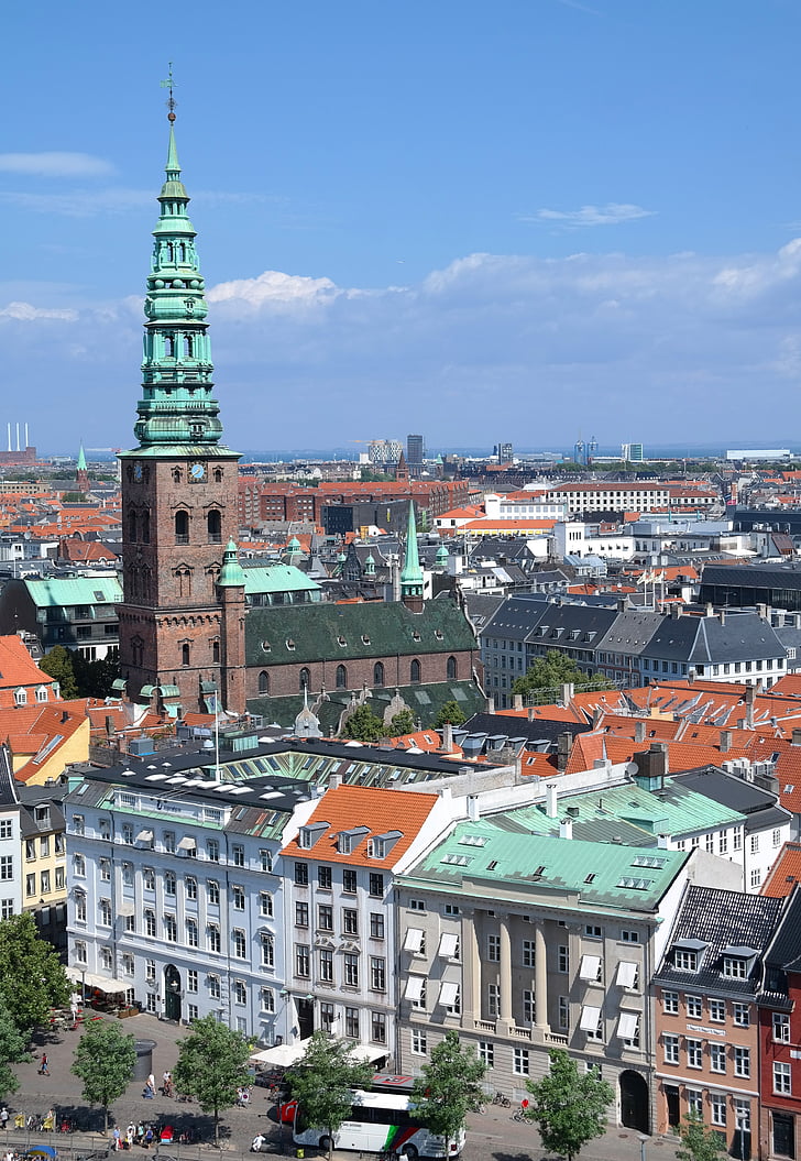 sprejme, strehe, cerkev, mesto, pogled, Kopenhagen, Danska