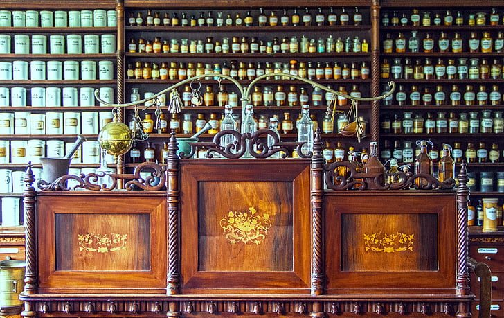 pharmacy, counter, medical, historical pharmacy counter, wooden desk, glass bottles, piston glasses