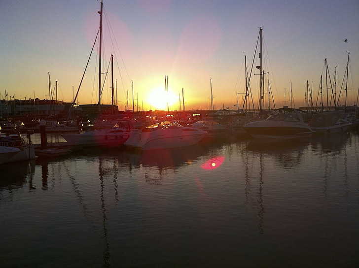 Port, posta de sol, reflexió, l'aigua, Port, capvespre, Turisme