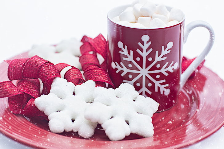 varm choklad, kakao, cookies, snö, snöflinga, vinter, jul