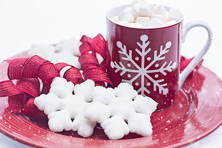 xocolata calenta, cacau, galetes, neu, floc de neu, l'hivern, Nadal