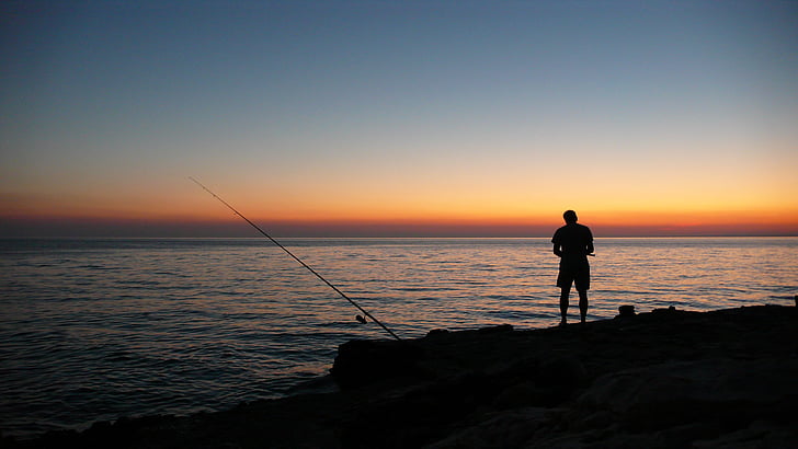 naplemente, tenger, horgász, nap, abendstimmung, víz, piros