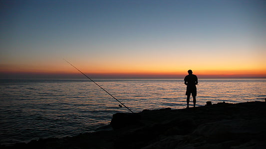 puesta de sol, mar, pescador, sol, abendstimmung, agua, rojo