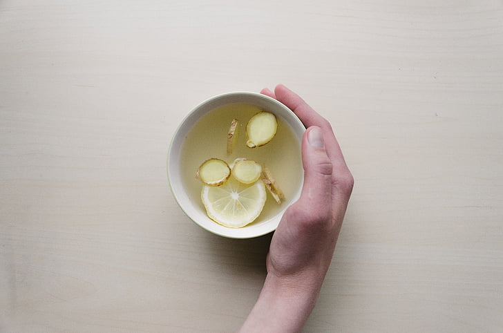 bowl, tea, ginger, lemon, hot beverage, hand, warming
