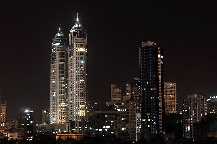 Mumbai, Haji ali, magas, emelkedik, éjszaka, város, városi
