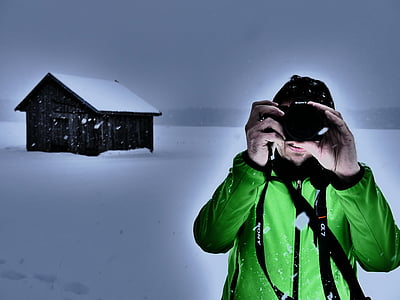 photographer, photograph, hut, scale, wood, log cabin, snow