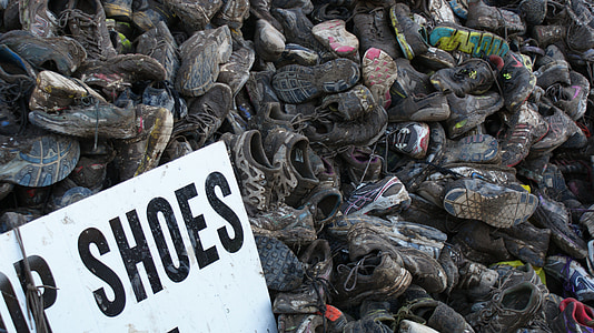 giày dép, bùn, bẩn, cũ, mòn, sneakers, thùng rác