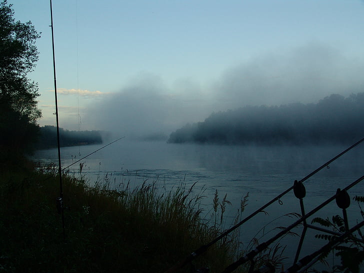 amanecer, Isla, Drava, naturaleza, pesca, niebla, agua