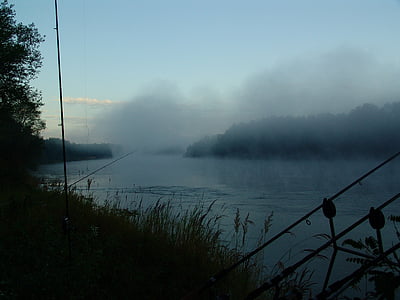 amanhecer, Ilha, Rio Drava, natureza, pesca, nevoeiro, água