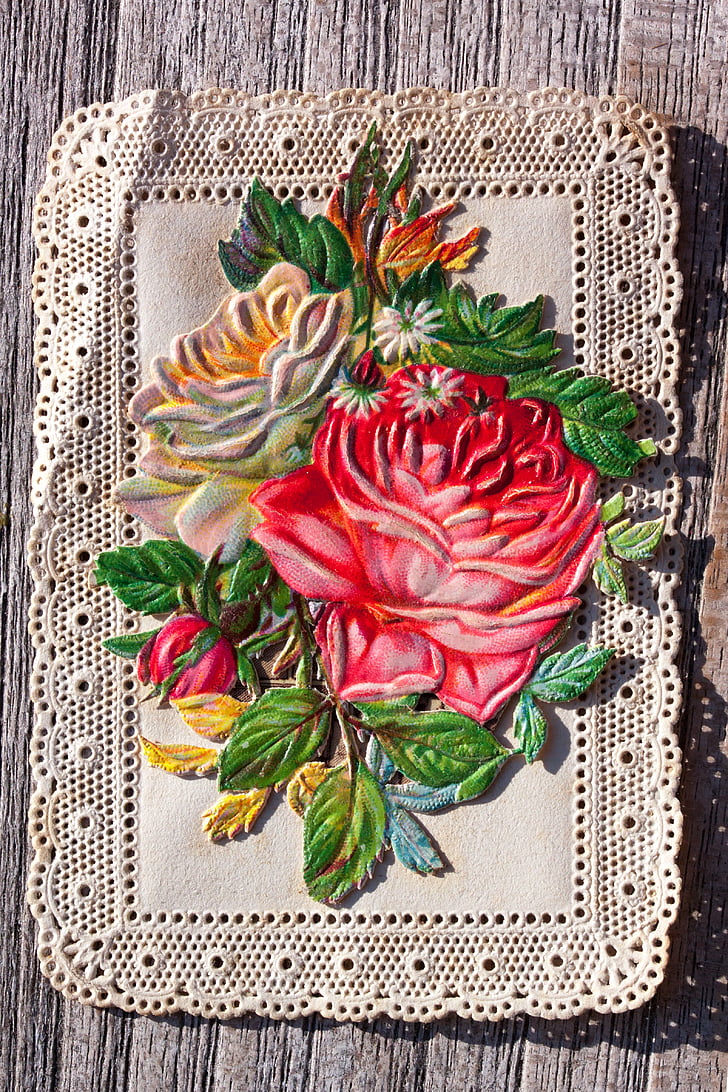 immagine devozionale, Santino, bordo superiore, bouquet, rosa, vecchio, oggetto d'antiquariato