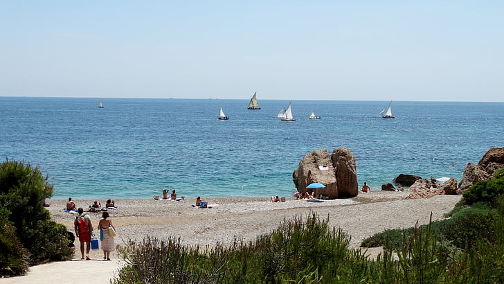 Beach, nap, tenger, csónakok, vitorlás hajó, Ebro-delta, Cala xelin
