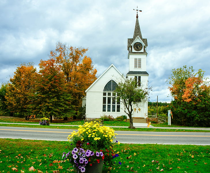folhagem, Igreja rural, flores, Vermont, arquitetura, paisagem, zona rural