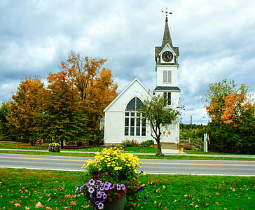 foliage, rural church, flowers, vermont, architecture, landscape, countryside