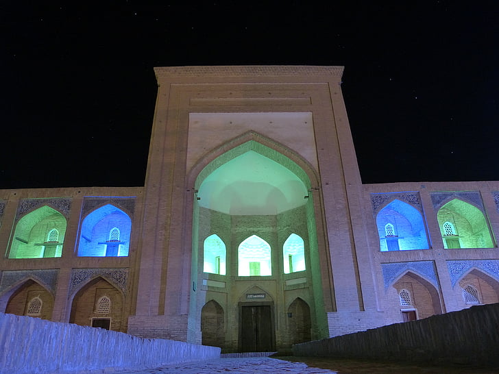 Chiva, noc, medrese, osvetlenie, farebné, nálada, Uzbekistan