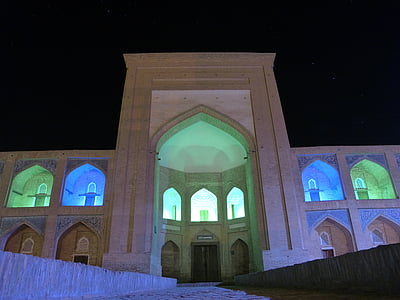 ヒヴァ, 夜, マドラッセ, 照明, カラフルです, 気分, ウズベキスタン