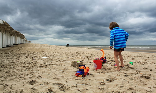 Beach, kyst, barn, Dreng, spille, legetøj, havet