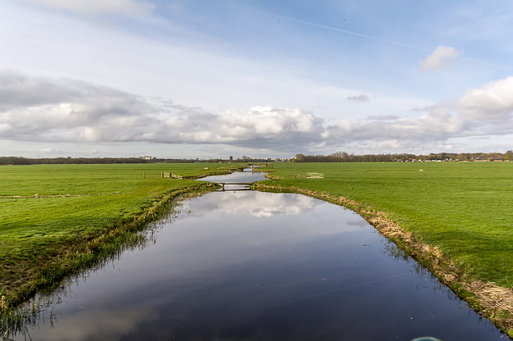 paysage hollandais, rivière, prés, nuages, polder, ciel nuageux, pâturage