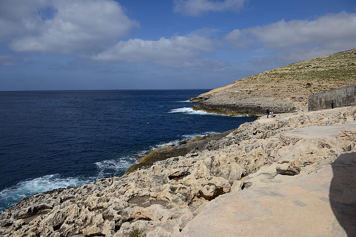 Málta, Gozo, tenger, mediterrán, kék, rock, tengerpart
