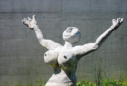 woman, figure, sculpture, caricatured, cement, grey, breasts