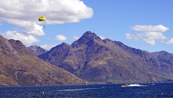 parasailing, lake, mountains, sport, fun activity, mountain, mountain range