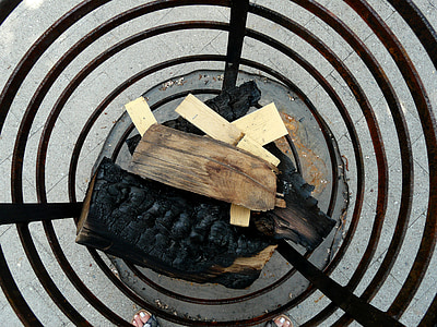 Vuurkorf, kammen draad snijden, brandhout, metalen mand