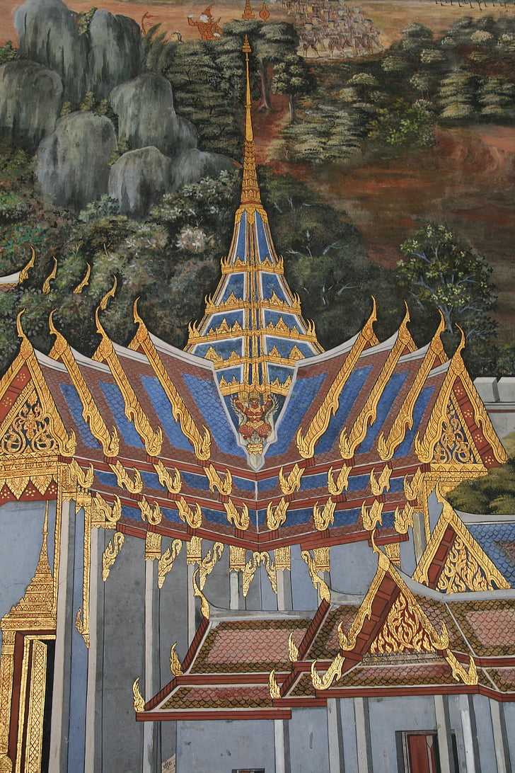 Temple, peinture, coloré, Or, bleu, blanc, pointé